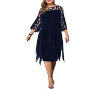 Générique Vestido de gasa Con dobladillo irregulier y Cuello Redondo Con paneles de Encaje Para Mujer Invitado de boda (Azul Oscuro,TG)
