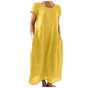 Générique Vestido Largo de algodón de Manga Corta de Color sólido suelto cómodo de Verano Para Mujer (Yellow, XXXL)