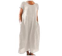 Générique Vestido Largo de algodón de Manga Corta de Color sólido suelto cómodo de Verano Para Mujer (Beige, XXXXXL)