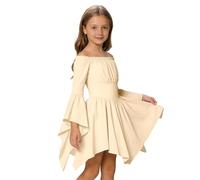 Générique Vestito Casual Alla Moda per bambine Con spalle scoperte e Orlo arricciato, Abito estivo da Gioco per l'isola (Beige, 4-5 Years)