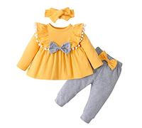 Générique Vêtement Bébé Fille 3-18 Mois Pas Cher Habits Ensemble Bebe Fille Naissance Haut Fille Manche Longue Uni avec Nœud Volants Tops Blouse Chemise Robe + Pantalon + Bandeau