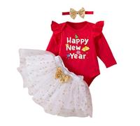 Générique Vetement bebe fille Ensemble Fête Anniversaire, Tenue 3 Pièces Barboteuse Jupe Bandeau, Robe Cérémonie Noël, Costume Bébé 1-18 Mois(Red, 12-18 Months)
