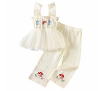 Générique Vetement Enfant Fille Ete sans Manches Gilet Resille Broderie Cartoon Lapin T Shirt Haut Pantalon Long 6 Mois-4 Ans(Beige, 12-18 Months)