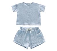 Générique Vetement Fille Ensemble short à manches courtes pour filles, confortable, respirant et élégant, couleur unie. Coffret Naissance Fille VêTements Pour Enfants (Light Blue, 2-3 Years)