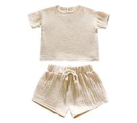Générique Vetement Fille Ensemble short à manches courtes pour filles, confortable, respirant et élégant, couleur unie. Coffret Naissance Fille VêTements Pour Enfants (Beige, 2-3 Years)