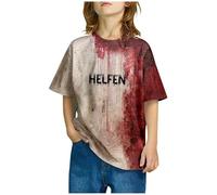 Générique Vêtement Halloween école T Shirt Enfant Manches Courtes Col Rond Lettres Allemandes Style Sanglant Haut Décontracté Confortable Respirant Toutes Saisons(Red3, 140 130-140cm/51.18-55.12'')