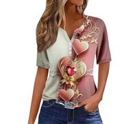 Générique VêTements De Sport pour Femme,Chemisiers Et Blouses Femme T-Shirts à Manches Courtes Femme Imprimé Bouton Quotidien Col en V Haut Régulier Blouse Tenue De Sport Femme(Pink,M)