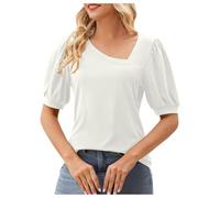 Générique VêTements Femme Dames à la Mode Confortable décontracté Coupe ajustée asymétrique incliné col en V Bulle à Manches Courtes t Petit Haut Femmes t-Shirt(White,M)