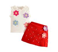 Générique Vêtements Fille Ensembles d'été pour Filles Débardeur sans Manches T-Shirt Jupe Fleurie et Short léger (Red, 12-18 Months)