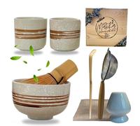 Générique VG Boost- Kit starter cérémonie matcha japonaise traditionnel pour deux - prête à offrir- kit set complet huit accessoires - blanc et marron texturé effet raffiné - super idée cadeau