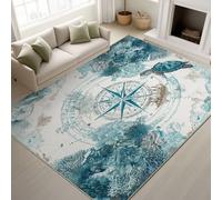 Générique Vintage Aventure Doux Tapiss Thème Marin & Nautique Animaux Imprimé Tapis Tortue de mer avec Boussole et Corail Lavable Tapis de Antidérapant pour Salon Chambre, Bureau 120 x 180 cm