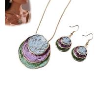 Générique Vintage Enamel Jewelry Set, Boho Layered Earrings Necklaces Set, Triple-layer Hammered Colorful Pendants Necklace, Jewelry Gift for Women Anniversary Birthday (purple green)