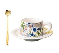 Générique Vintage Iris Coffee Mug with Saucer Set-Couples Cups, Elegant Floral Ceramic Tea Cup Set, Engagement Wedding Housewarming Birthday Mug Gift for Friend Leader Bestie