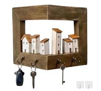 Générique Vintage Key Holder Wall Mount, 3D Rustic Wooden Country Houses Key Hanger with 4 Hooks, Handmade Distressed Keys Rack Organizer for Entryway Doorway Living Room Home Decor