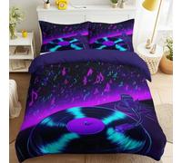 Générique Vintage Punk Parure de Lit Fermeture Éclair Néon Futuriste Tourne-Disque Vinyle Notes de Musique Housse de Couette Violet Facile à Repasser 150 x 200 Parure de Lit pour Adulte