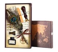 Générique Vintage Quill Pen and Ink Sets,Mechanical Feather Dip Pen Set with 5 Replacement Nibs and Brass Base,Calligraphy Dip Pens Gift Set with Wax Seal for Writing