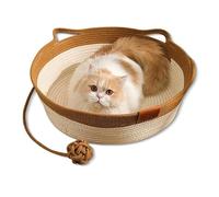 Générique Virelapets Woven Rope Cat Basket, Cats Scratching Pads, Beds for Indoor Cats, 13.8” /16.5” /18.9” Pets Scratching Pad, with Pet Ball Toy and Blanket (Khaki A,Large)