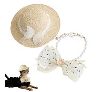 Générique Visière Pour Chien Collier de Perles et Nœud Papillon Animal | Ensemble Chapeau Canin Réglable Style Campagne pour Chaton et Chien Grandes Moyennes Races Accessoires Photo Plage Fête