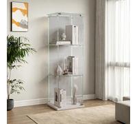 Générique Vitrine LED en Verre, Meuble vitrine Verre Moderne à 3 Couches avec 1 Porte,Vitrine Blanche pour Collection,Figurines, maquettes, trophées ou Livres, 39,8x35x123,3cm