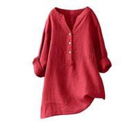 Générique Votre Compte,Mes Commandes ,Chemise Femme Lin Chemisier Coton Et Lin pour Femmes Col en V Bouton Manches Longues Tops Couleur Unie LâChe Respirant T-Shirts (Red, XXL)