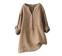 Générique Votre Compte,Mes Commandes ,Chemise Femme Lin Chemisier Coton Et Lin pour Femmes Col en V Bouton Manches Longues Tops Couleur Unie LâChe Respirant T-Shirts (Khaki, XL)