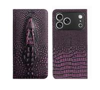 Générique Wallet Case for iPhone 15 Pro Cowhide Card Slots Magnetic Kickstand Shockproof Flip Folio Vintage Protective Cover for Crocodile Head Purple