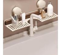 Générique Walnut Bathroom Kitchen Suction Cup Shelf, Wall Mounted No Drilling Storage Shelf Basket Accessories, Wood Faucet Storage Rack, for Vanity, Kitchen (White)