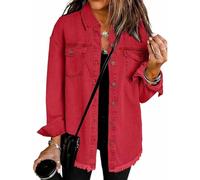 Générique Washed Denim Shirt Jacket for Women, Women's Casual Denim Button Down Distressed Jacket, Long Sleeve Button Down Shacket (Red,Grand)