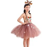 Générique Weihnachts-Elchkleid Kinder S-2XL - Festliches Rentier- mit Rosen & Cut-Design | Dehnbares Weihnachtskleid für Mädchen | Elegantes Kostümkleid mit Stirnband | Bequemes Stretch-Material