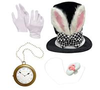 Générique White Rabbit Costume - 4 Piece Cosplay Set | Cloth & ABS Bunny Ear Top Hat, White Gloves Clock Bunny Nose Accessories For Wonderland Tea Party Easter Halloween Role Play Events Kids Adults