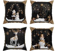 Générique Winter Christmas Throw Pillow Covers Set of 4, White Christmas Theme Decorative Cushion Cases, for Home Sofa Bed Couch 18x18 inch, Xmas Home Decor (Black,18" x 18" (Pack of 4))