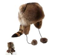 Générique Winter Cute Raccoon Plush Hats, Cute Faux Fur Raccoon Tail Parent-Child Plush Hat, Faux Fur Trapper Hats with Pom Poms, Tail, Furry with Tails & Adjustable Size for Cold Weather (1pcs)