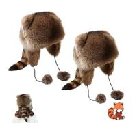 Générique Winter Cute Raccoon Plush Hats, Cute Faux Fur Raccoon Tail Parent-Child Plush Hat, Faux Fur Trapper Hats with Pom Poms, Tail, Furry with Tails & Adjustable Size for Cold Weather (2pcs)