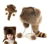 Générique Winter Cute Raccoon Plush Hats,Racoon Hat with Tail,Faux Fur Animal Ear Flap Hat,Adjustable Fit for Adults & Kids (S)