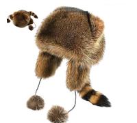 Générique Winter Raccoon Plush Trapper Hat with Tail and Pom Poms, Soft Warm Faux Fur Animal Ear Ski Cap, Adjustable Windproof Cold Weather Beanie for Women Adults
