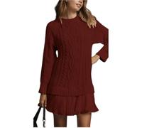 Générique Women Cable Knit Sweater Dress Crewneck Long Sleeve Pleated Mini Dress Twofer Style Patchwork Dresses (Red,TP)