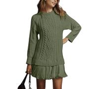 Générique Women Cable Knit Sweater Dress Crewneck Long Sleeve Pleated Mini Dress Twofer Style Patchwork Dresses (Green,TP)