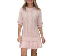 Générique Women Cable Knit Sweater Dress Crewneck Long Sleeve Pleated Mini Dress Twofer Style Patchwork Dresses (Pink,M)