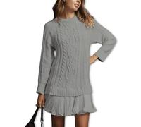 Générique Women Cable Knit Sweater Dress, Crewneck Long Sleeve Pleated Mini Dress,Twofer Style Patchwork Dresses (Gray,M)
