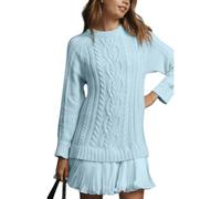 Générique Women Cable Knit Sweater Dress Crewneck Long Sleeve Pleated Mini Dress Twofer Style Patchwork Dresses (Blue,TP)