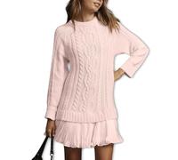 Générique Women Cable Knit Sweater Dress, Crewneck Long Sleeve Pleated Mini Dress,Twofer Style Patchwork Dresses (Pink,TTG)