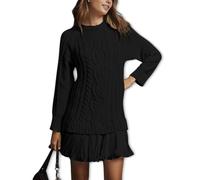 Générique Women Cable Knit Sweater Dress, Crewneck Long Sleeve Pleated Mini Dress,Twofer Style Patchwork Dresses (Black,TG)