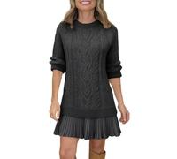 Générique Women Cable Knit Sweater Dress Crewneck Long Sleeve Pleated Mini Dress Twofer Style Patchwork Dresses (Black,M)