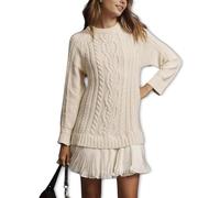 Générique Women Cable Knit Sweater Dress, Crewneck Long Sleeve Pleated Mini Dress,Twofer Style Patchwork Dresses (Apricot,S)