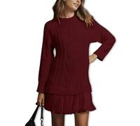 Générique Women Cable Knit Sweater Dress, Crewneck Long Sleeve Pleated Mini Dress,Twofer Style Patchwork Dresses (Burgundy,M)