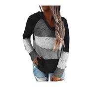 Générique Women Color Block Hooded Crochet Striped Sweaters Lightweight Hoodies, Trendy Autumn Eyelet Long Sleeve Sweatshirts Tops
