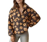 Générique Women Floral Fleece Pullover Half Zip Fleece Sweatshirt Oversized Sherpa Hoodie Fluffy Winter Jacket Pockets Sweater 2025 (Yellow,S)