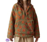 Générique Women Floral Fleece Pullover Half Zip Fleece Sweatshirt Oversized Sherpa Hoodie Fluffy Winter Jacket Pockets Sweater 2025 (Yellow Green,L)