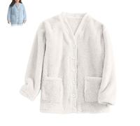 Générique Women Fuzzy Fleece Jacket Pajama Tops V-Neck Button Down Sleepwear Loose at Home Casual Warm Winter Coat with Pockets (White,TG)