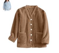 Générique Women Fuzzy Fleece Jacket Pajama Tops V-Neck Button Down Sleepwear Loose at Home Casual Warm Winter Coat with Pockets (Brown,S)